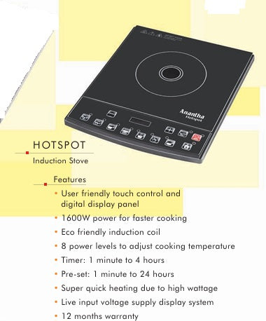 Anantha Hotplate Induction Cooktop 1600W – 6 Cooking Modes
