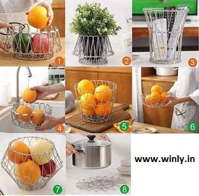 MULTIPURPOSE FRUIT BASKET STAINLESS STEEL WIRE BOWL FOLDABLE BASKET FOR VEGETABLE - FRUITS - DINING