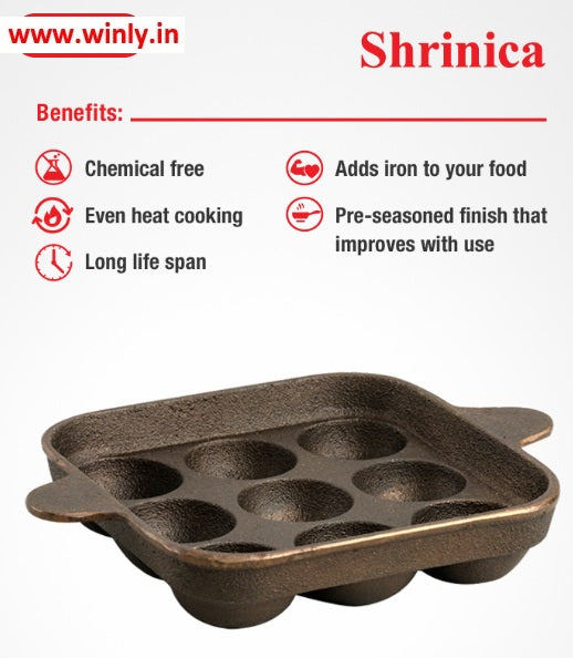 Shrinica Cast Iron Square Paniyaram Pan 9 Kuzhi 500513