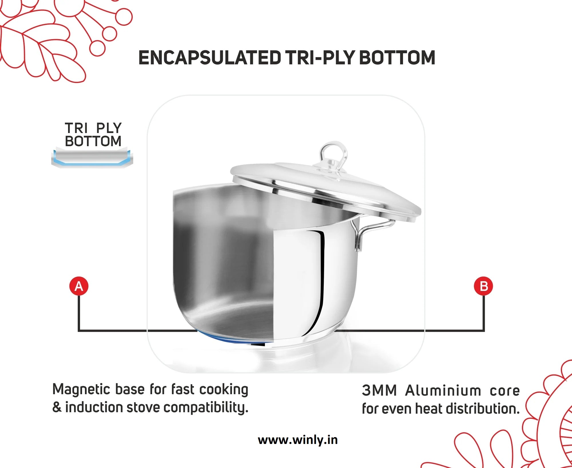 Avanti Cooking Pot / Biryani Pot - Encapsulated Triply Bottom With Lid - Induction And Gas Compatible