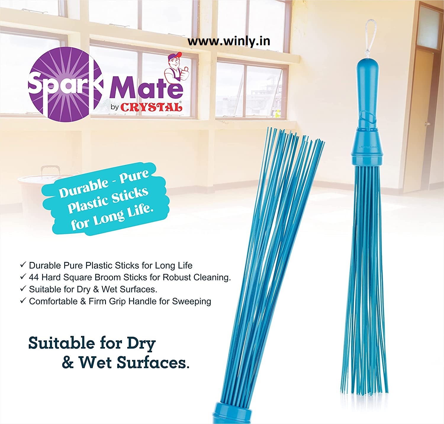 Sparkmate By Crystal Kharata/Plastic Stick Broom/Jhadu for Home and Bathroom cleaning
