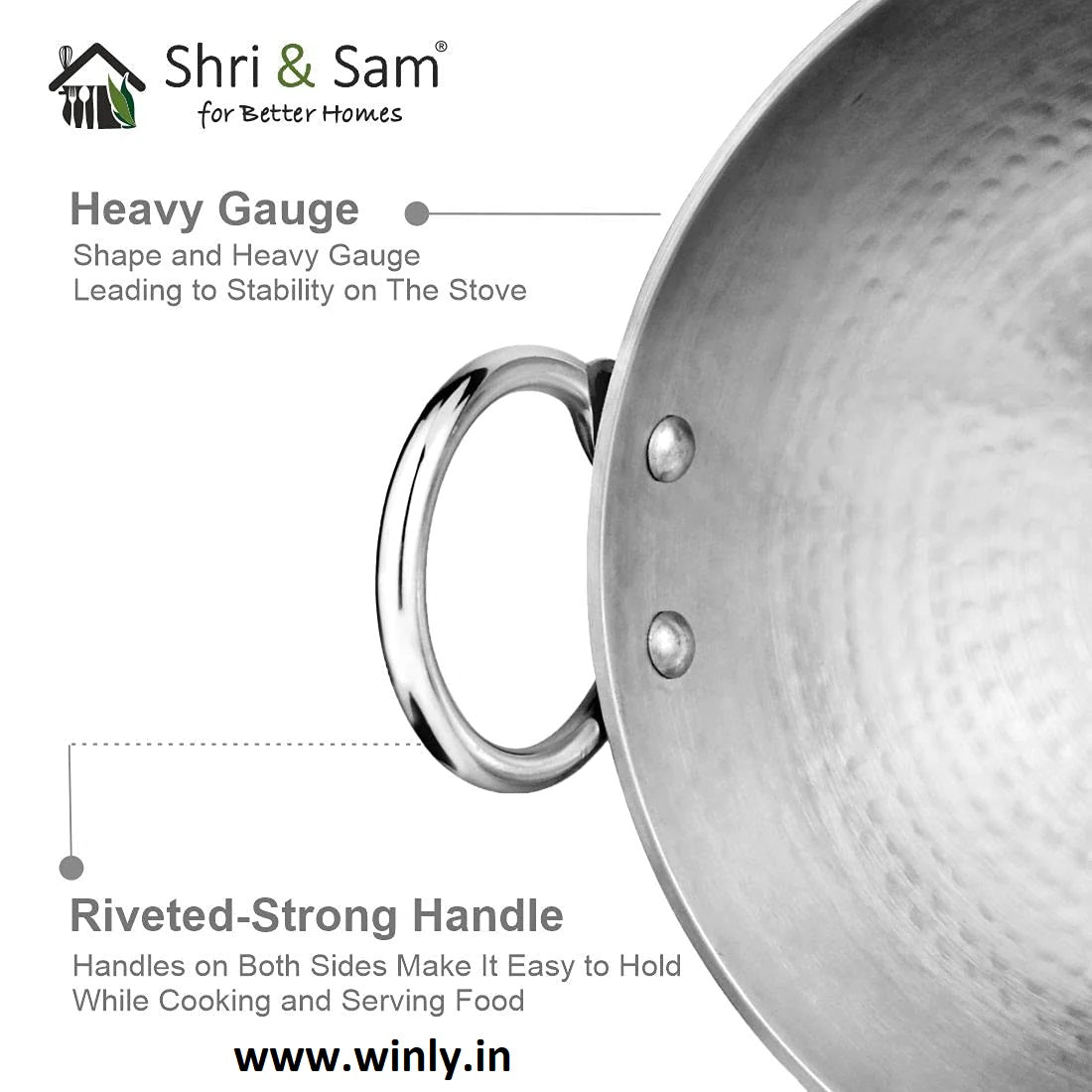 Shri & Sam Stainless Steel Heavy Weight Hammered Kadhai