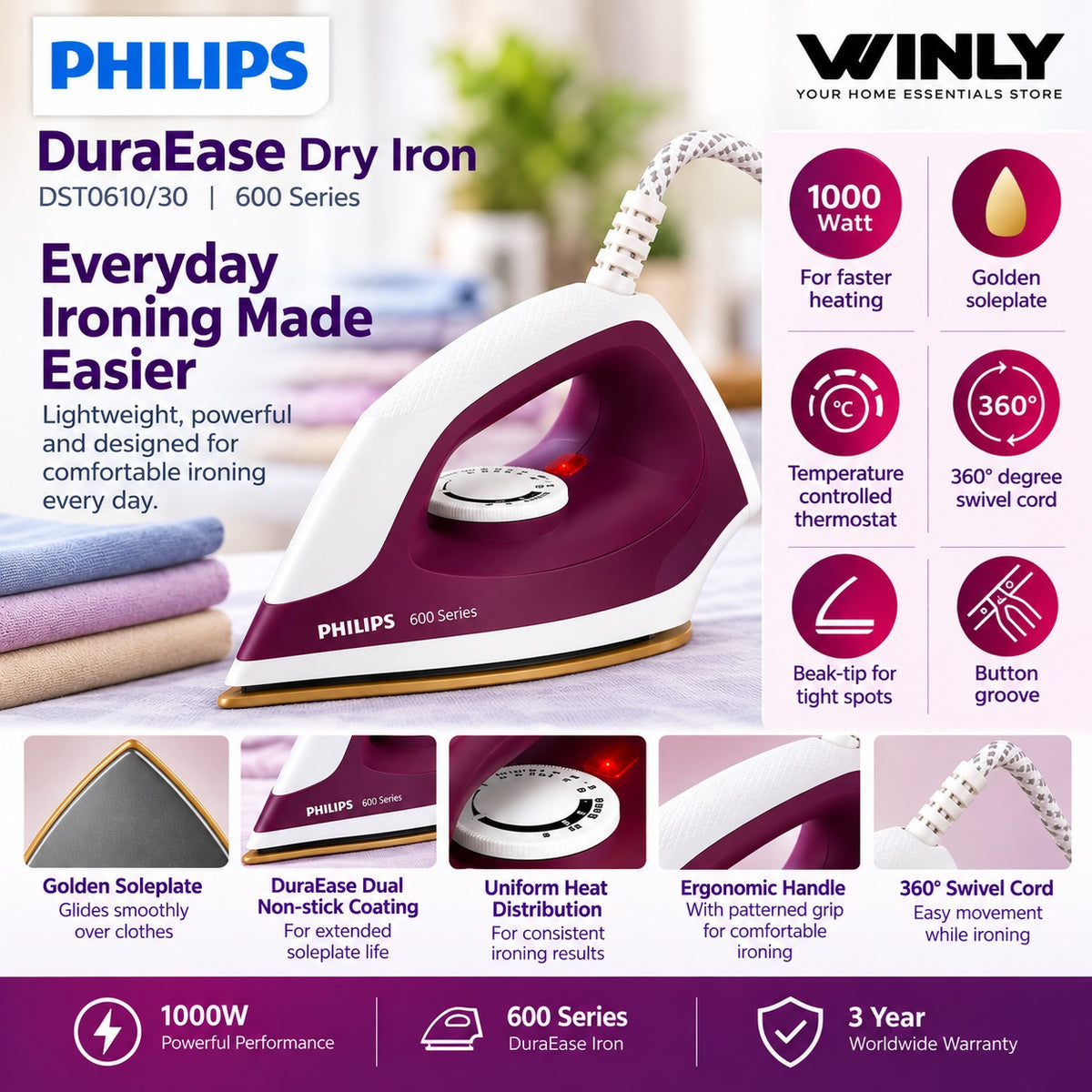Philips DuraEase Dry Iron DST0610/30 (1000W, 3-Year Warranty)