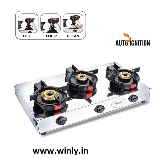 Prestige Svachh Perfect L.P Gas Stove with Liftable 3 Brass Burners(Stainless Steel body, Silver & Black, Auto Ignition)