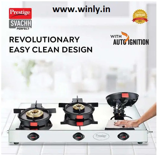 Prestige Svachh Perfect L.P Gas Stove with Liftable 3 Brass Burners(Stainless Steel body, Silver & Black, Auto Ignition)