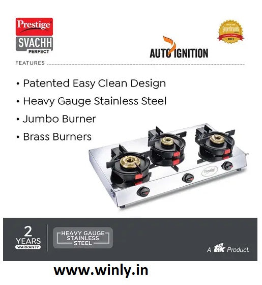 Prestige Svachh Perfect L.P Gas Stove with Liftable 3 Brass Burners(Stainless Steel body, Silver & Black, Auto Ignition)