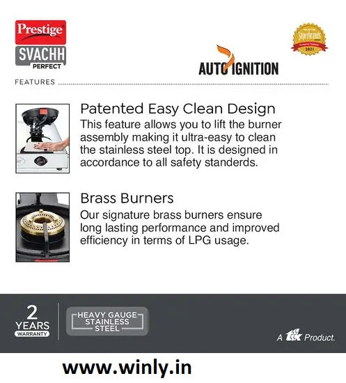 Prestige Svachh Perfect L.P Gas Stove with Liftable 3 Brass Burners(Stainless Steel body, Silver & Black, Auto Ignition)