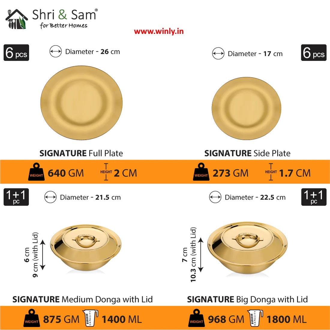 Shri & Sam Stainless Steel 64 PCS Dinner Set (6 People) with Gold PVD Coating Signature - Shiny