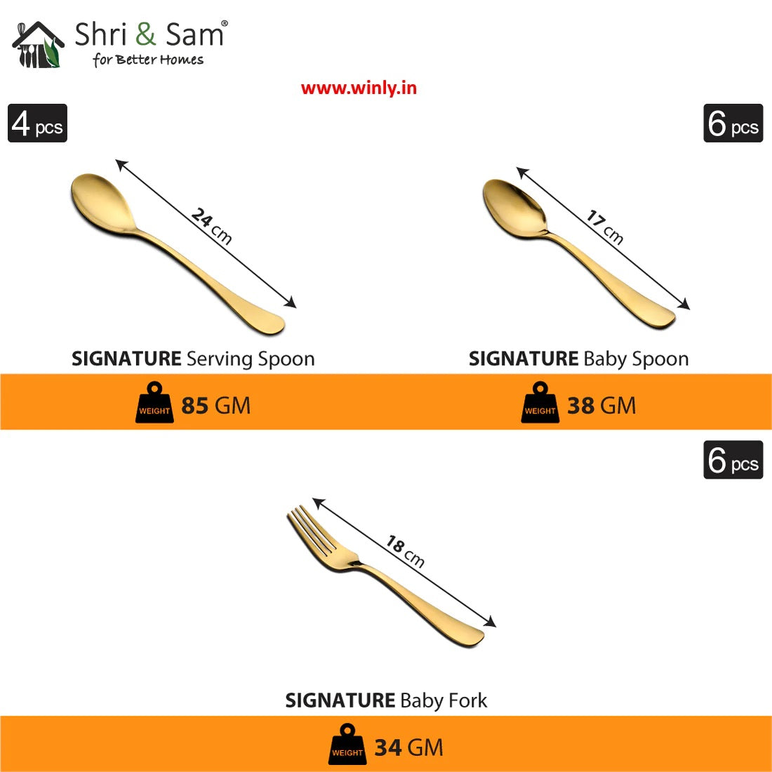 Shri & Sam Stainless Steel 64 PCS Dinner Set (6 People) with Gold PVD Coating Signature - Shiny