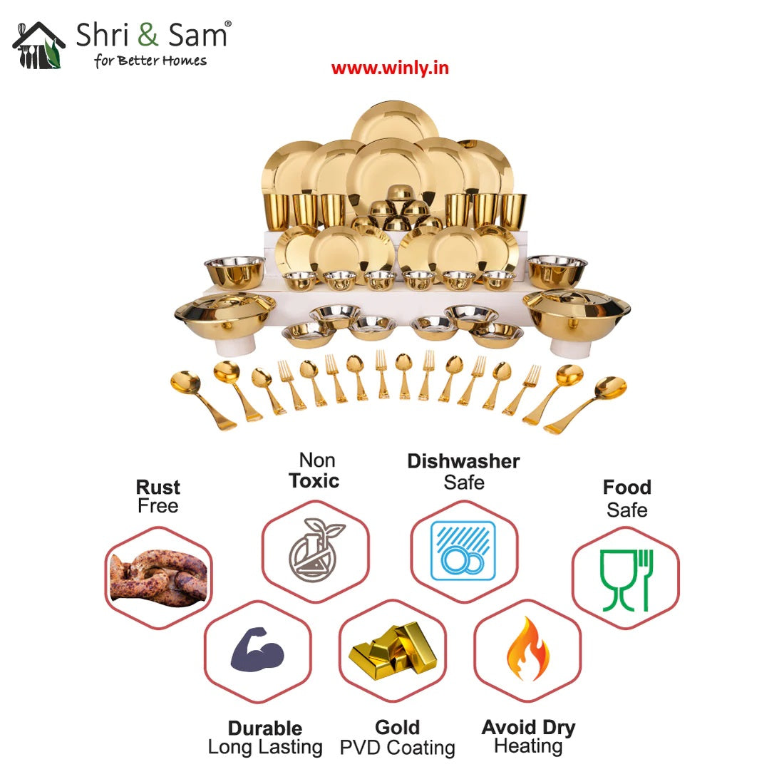 Shri & Sam Stainless Steel 64 PCS Dinner Set (6 People) with Gold PVD Coating Signature - Shiny