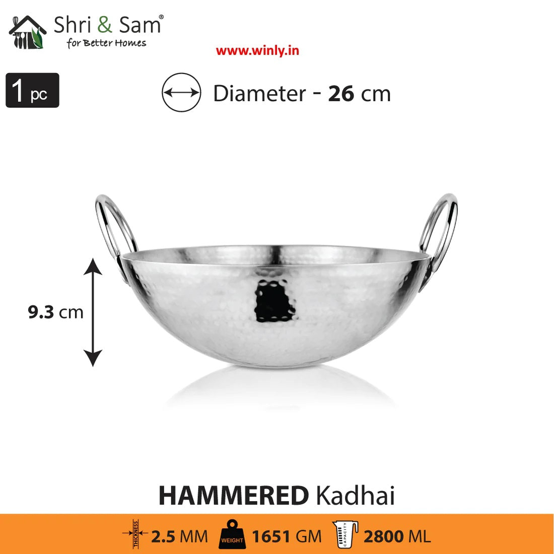 Shri & Sam Stainless Steel Heavy Weight Hammered Kadhai