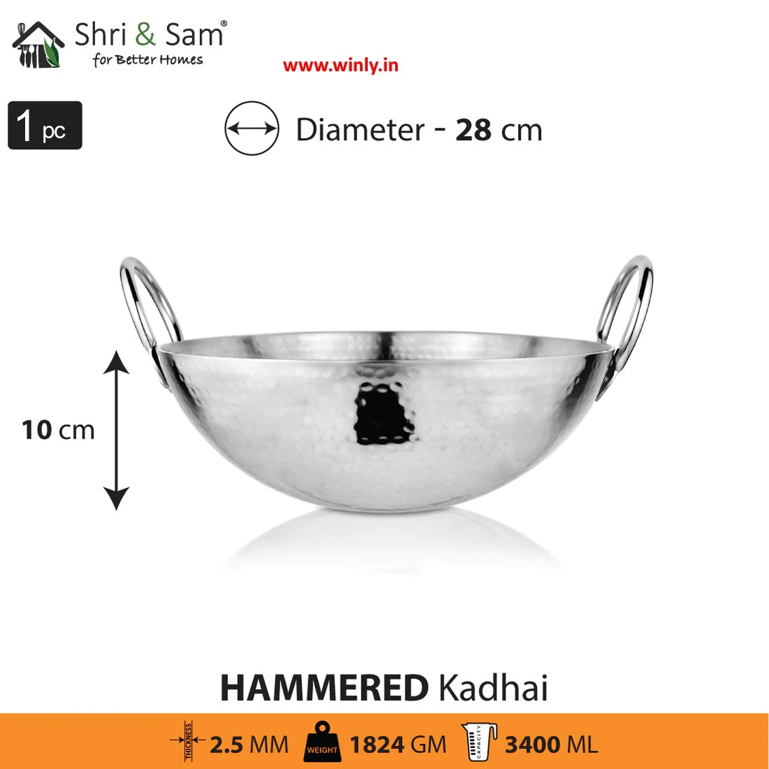 Shri & Sam Stainless Steel Heavy Weight Hammered Kadhai