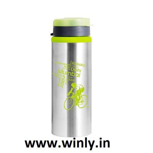 NanoNine Sprint 600 ml Green Single Wall Flip Top Stainless Steel Water Bottle.
