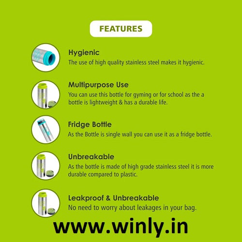 NanoNine Sprint 600 ml Green Single Wall Flip Top Stainless Steel Water Bottle.