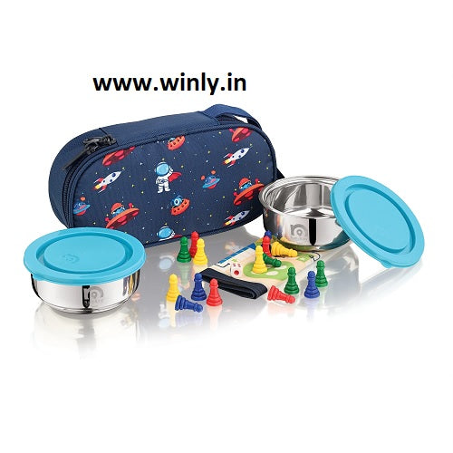 NanoNine Tiffiny Kidzo 225 ml x 2 Double Wall PUF Insulated Stainless Steel Lunch Box with Insulated Tiffin Bag with Surprise Gift (Ludo Table Mat)