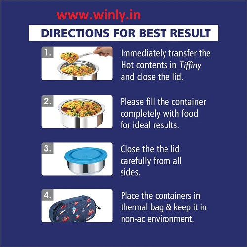 NanoNine Tiffiny Prime Plus Chapati Combo (340ml x 2 with Chapati Box, 475 ml x 1) Double Wall Insulated Stainless Steel Lunch Box, and Insulated Bag, Navy Blue