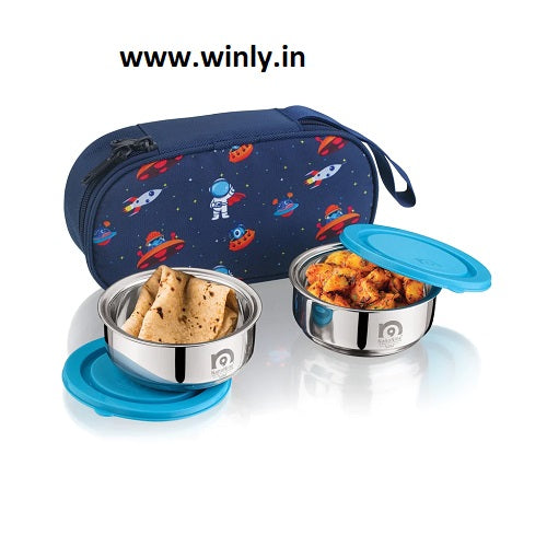 NanoNine Tiffiny Kidzo 225 ml x 2 Double Wall PUF Insulated Stainless Steel Lunch Box with Insulated Tiffin Bag with Surprise Gift (Ludo Table Mat)