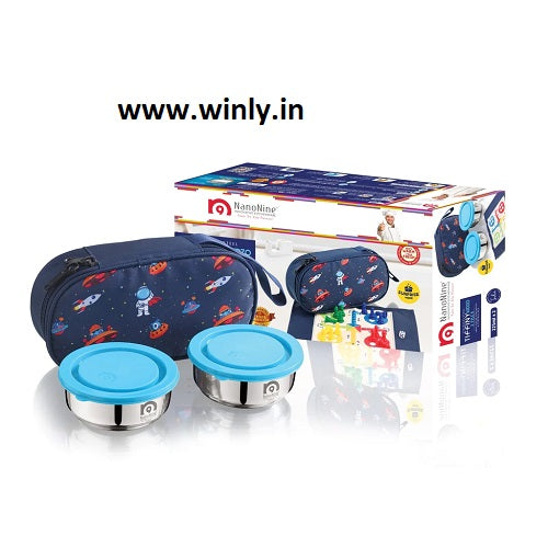 NanoNine Tiffiny Kidzo 225 ml x 2 Double Wall PUF Insulated Stainless Steel Lunch Box with Insulated Tiffin Bag with Surprise Gift (Ludo Table Mat)