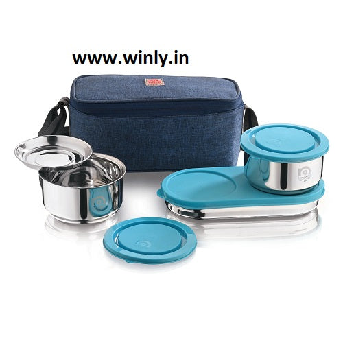 NanoNine Tiffiny Prime Plus Chapati Combo (340ml x 2 with Chapati Box, 475 ml x 1) Double Wall Insulated Stainless Steel Lunch Box, and Insulated Bag, Navy Blue