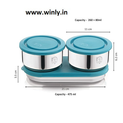 NanoNine Tiffiny Prime Plus Chapati Combo (340ml x 2 with Chapati Box, 475 ml x 1) Double Wall Insulated Stainless Steel Lunch Box, and Insulated Bag, Navy Blue