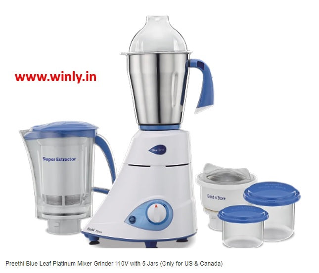 Preethi Blue Leaf Platinum Mixer Grinder 110V with 3 Jars (Only for US & Canada)