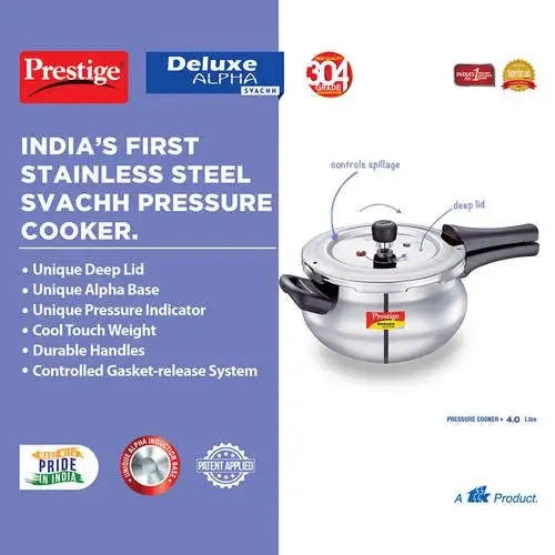 Prestige Deluxe Alpha Svachh Stainless Steel Spillage Control Handi Pressure Cooker (Silver)