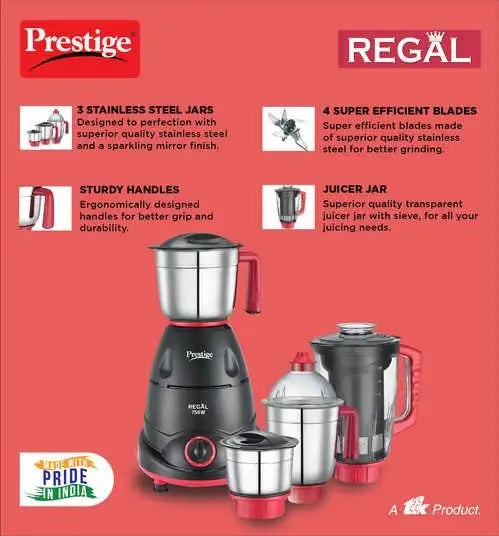 Prestige Regal 750 Juicer Mixer Grinder (4 Jars, Red and Black)