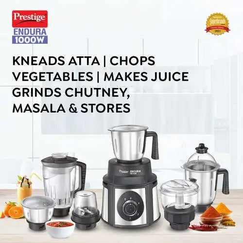 Prestige Endura 1000 W Mixer Grinder, 6 Jars (1500 ml, 1000 ml, 1500 ml, 450 ml) (Black, Silver)