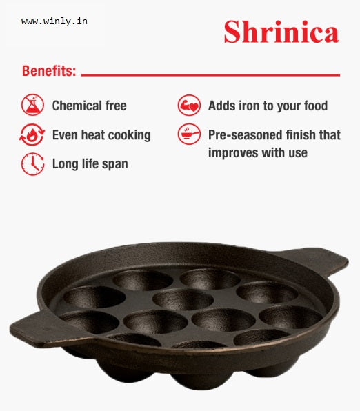 Shrinica Cast Iron Round Paniyaram Pan 12 Kuzhi 500512