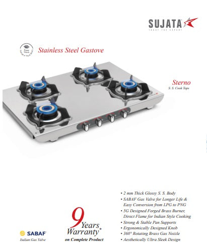 Sujata Sterno Stainless Steel Gas Stove (2/3/4 Burner Options)