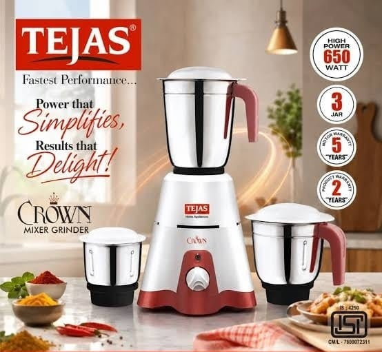 Tejas Crown 650W mixer grinder in white and red with three stainless-steel jars