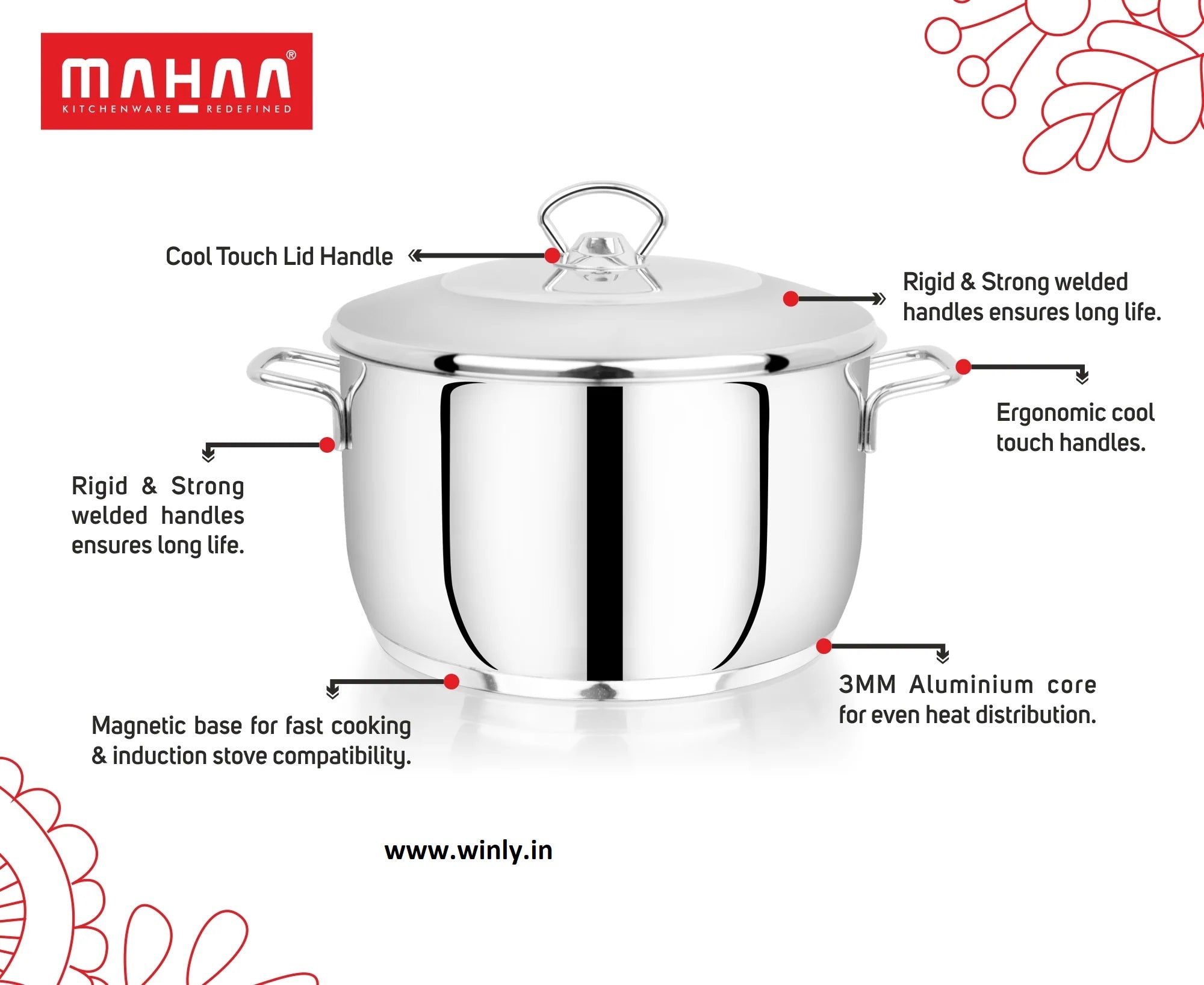 Avanti Cooking Pot / Biryani Pot - Encapsulated Triply Bottom With Lid - Induction And Gas Compatible