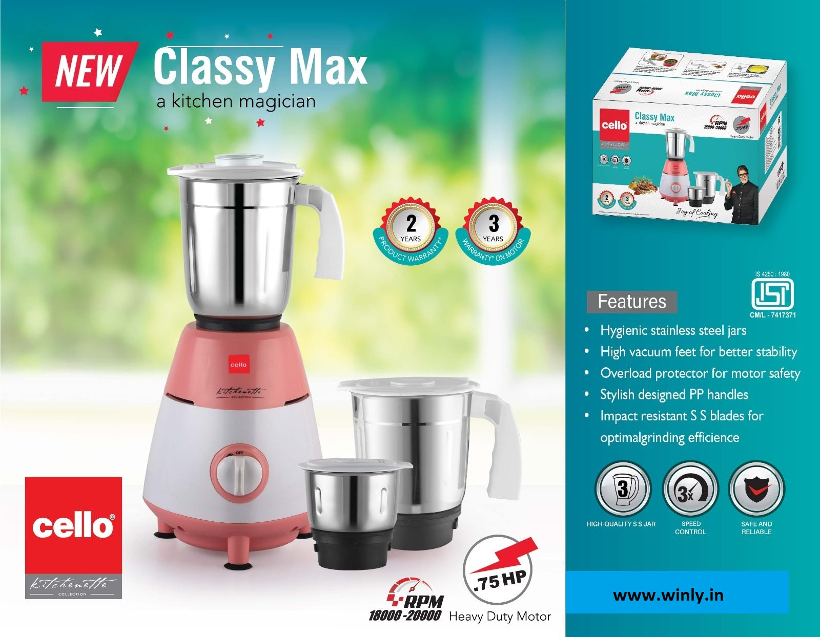 Cello Classy Max 750w 3 Jar Mixer Grinder