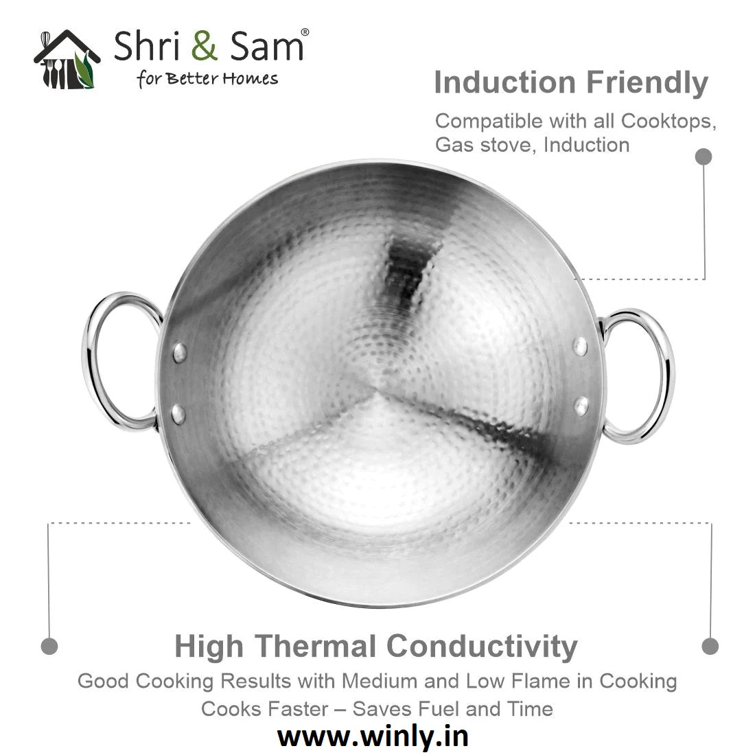 Shri & Sam Stainless Steel Heavy Weight Hammered Kadhai