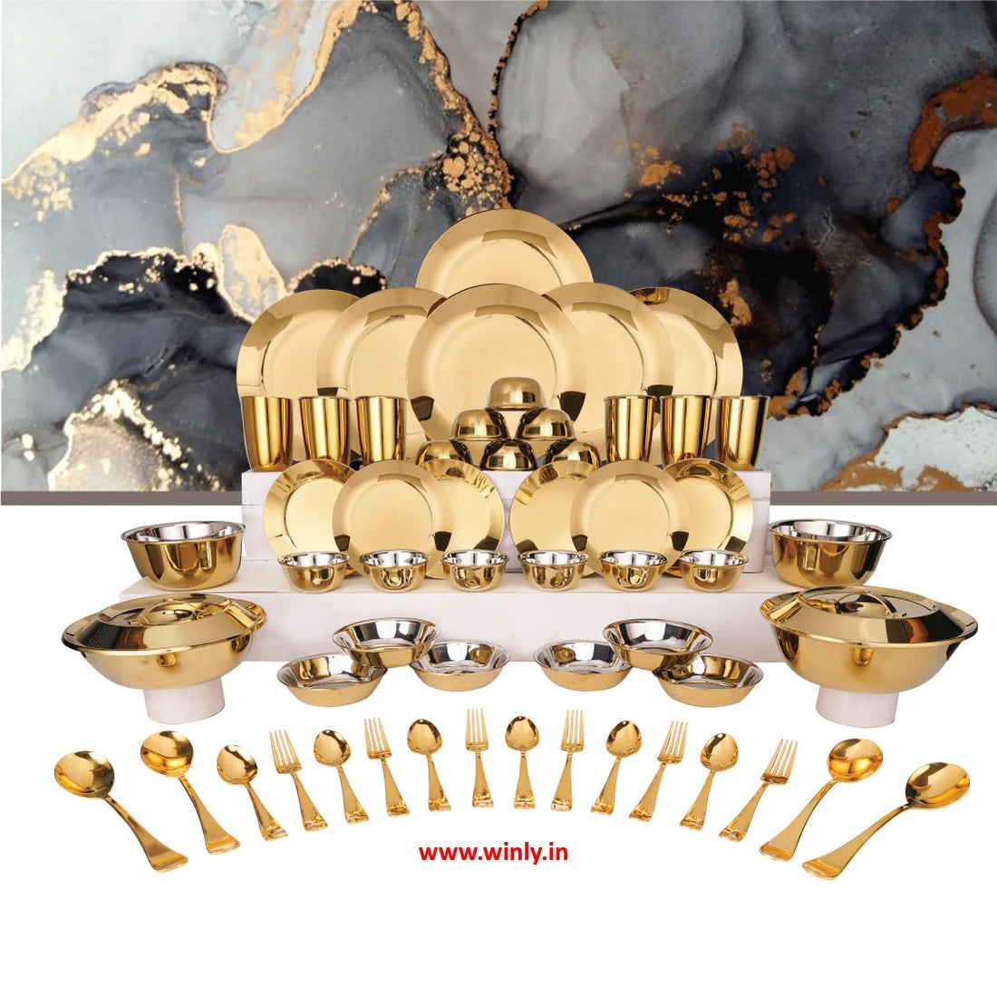 Shri & Sam Stainless Steel 64 PCS Dinner Set (6 People) with Gold PVD Coating Signature - Shiny