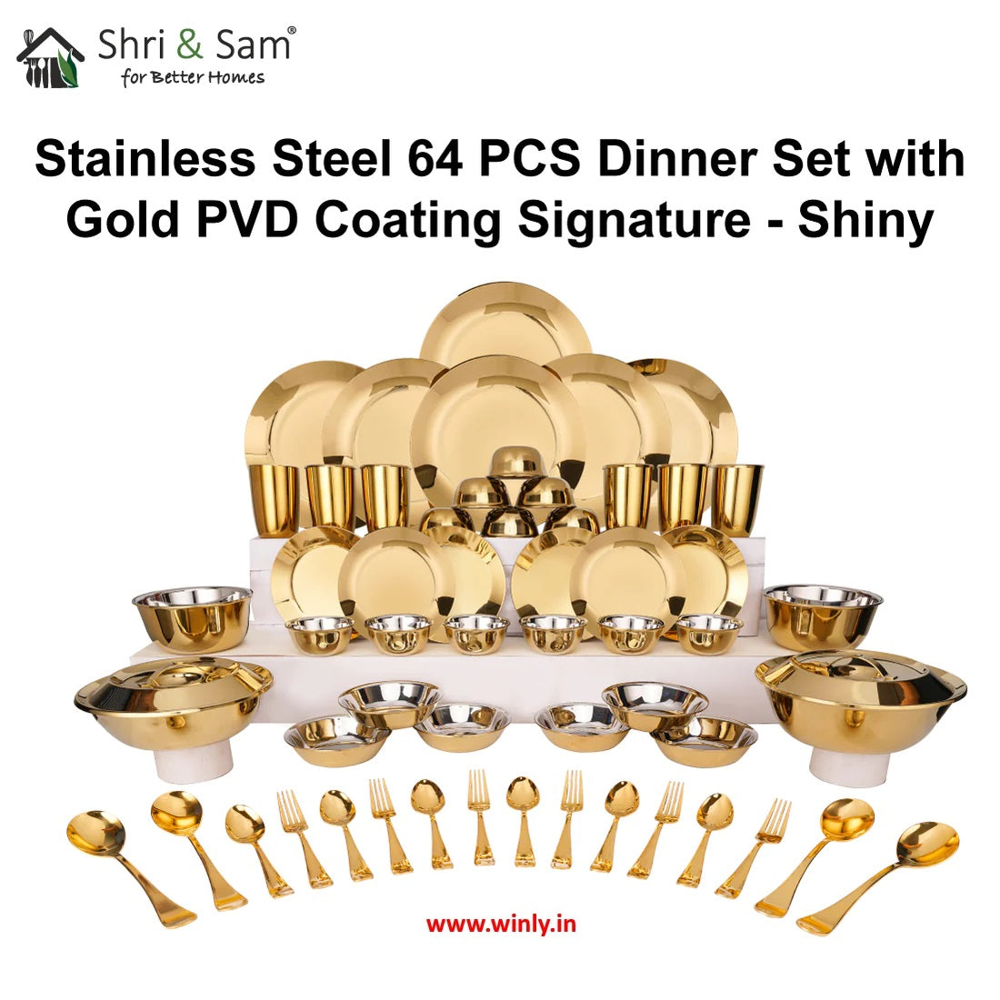 Shri & Sam Stainless Steel 64 PCS Dinner Set (6 People) with Gold PVD Coating Signature - Shiny