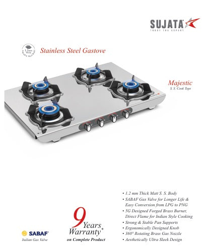 Sujata Majestic Stainless Steel Cooktop | Manual Ignition