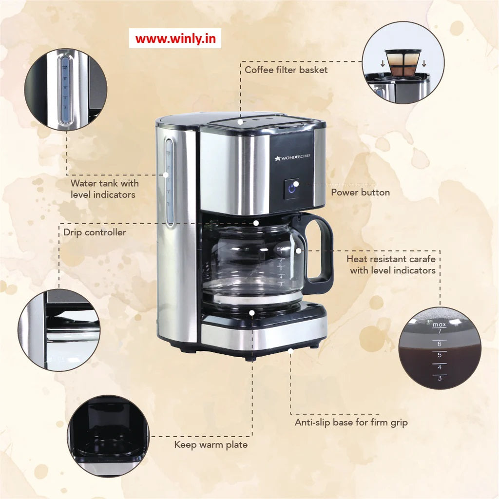 Wonderchef Regalia Brew Coffee Maker 550W | Coffee Machine for Home - 700ml | Filter Coffee | 7 Cups Coffee | Removable Filter | Keep Hot Plate | 2 Year Warranty