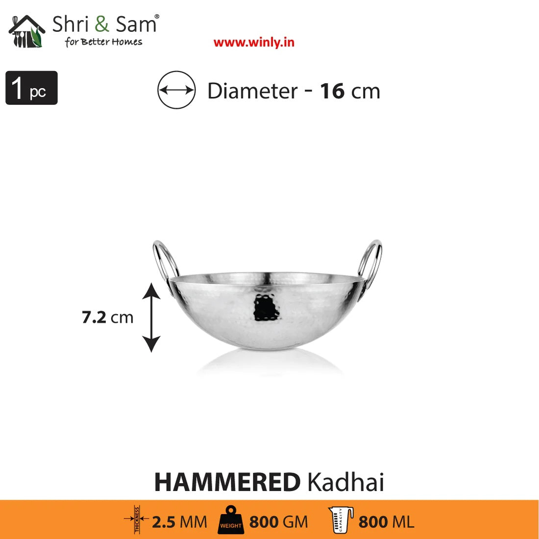 Shri & Sam Stainless Steel Heavy Weight Hammered Kadhai