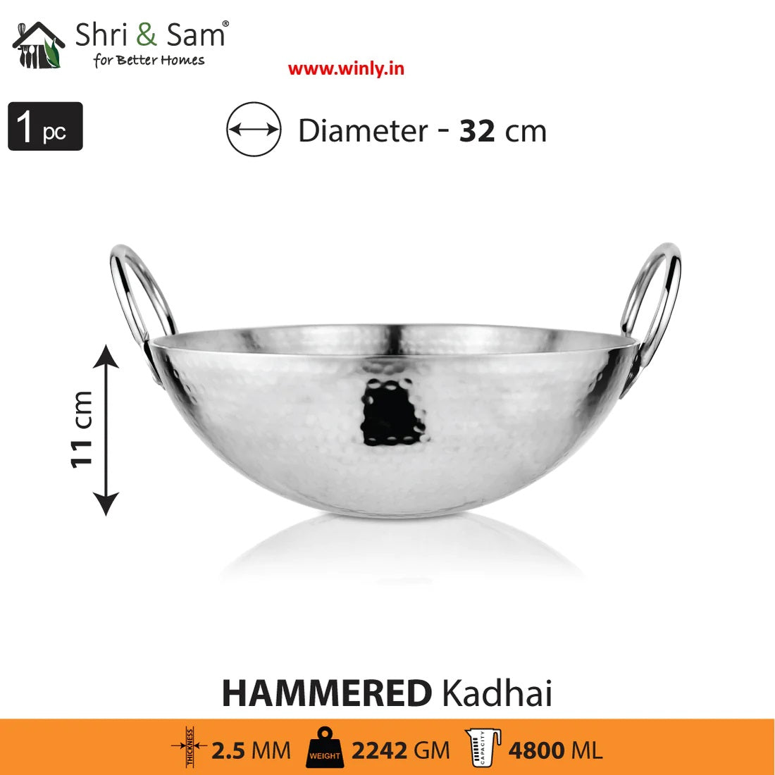 Shri & Sam Stainless Steel Heavy Weight Hammered Kadhai
