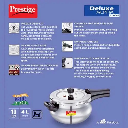 Prestige Deluxe Alpha Svachh Stainless Steel Spillage Control Handi Pressure Cooker (Silver)