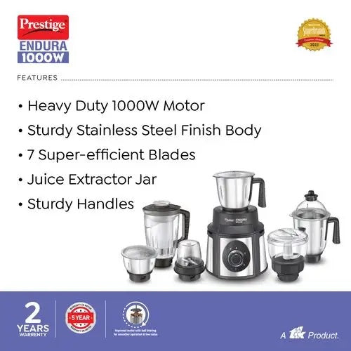 Prestige Endura 1000 W Mixer Grinder, 6 Jars (1500 ml, 1000 ml, 1500 ml, 450 ml) (Black, Silver)