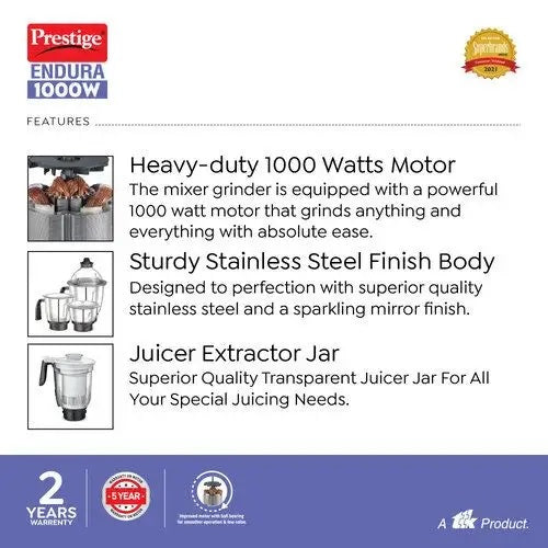 Prestige Endura 1000 W Mixer Grinder, 6 Jars (1500 ml, 1000 ml, 1500 ml, 450 ml) (Black, Silver)